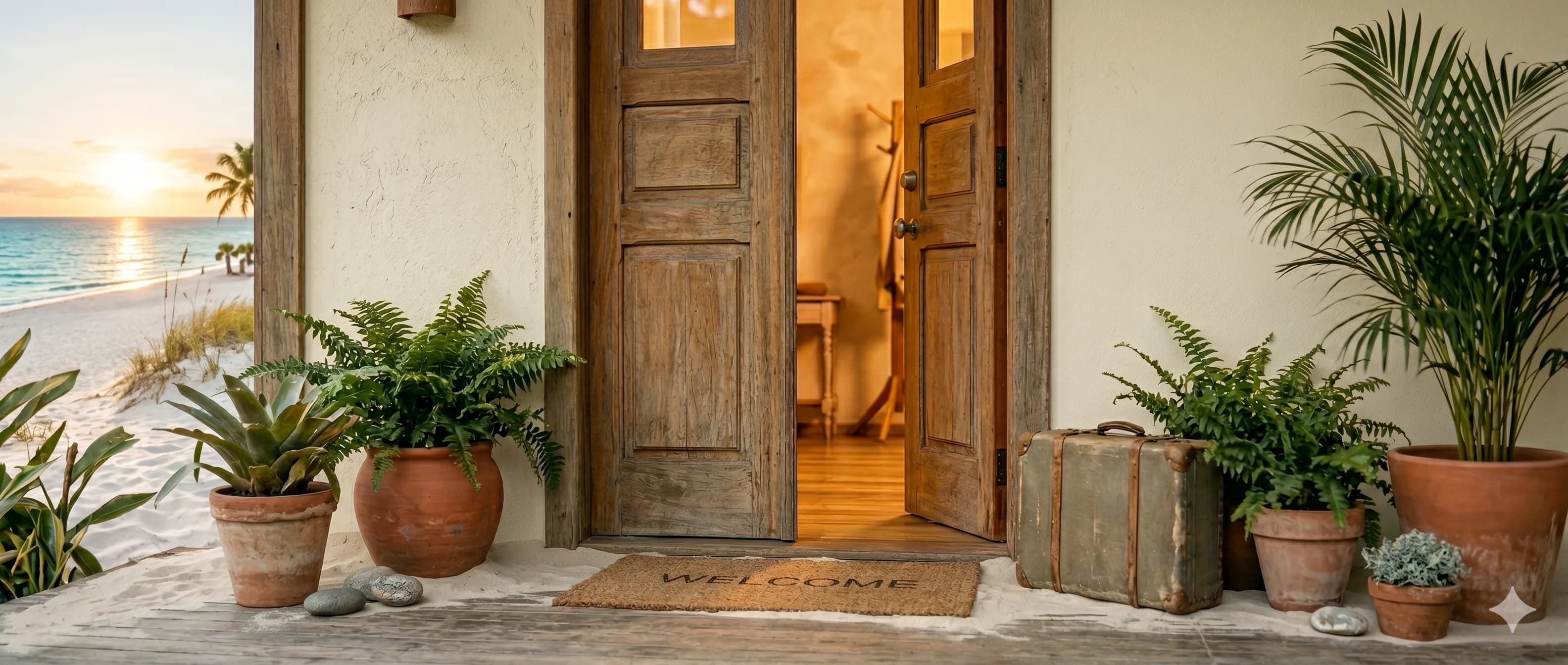 Hóspede chegando à porta de uma casa de praia ao pôr do sol, mala apoiada, vasos de plantas e tapete de boas-vindas